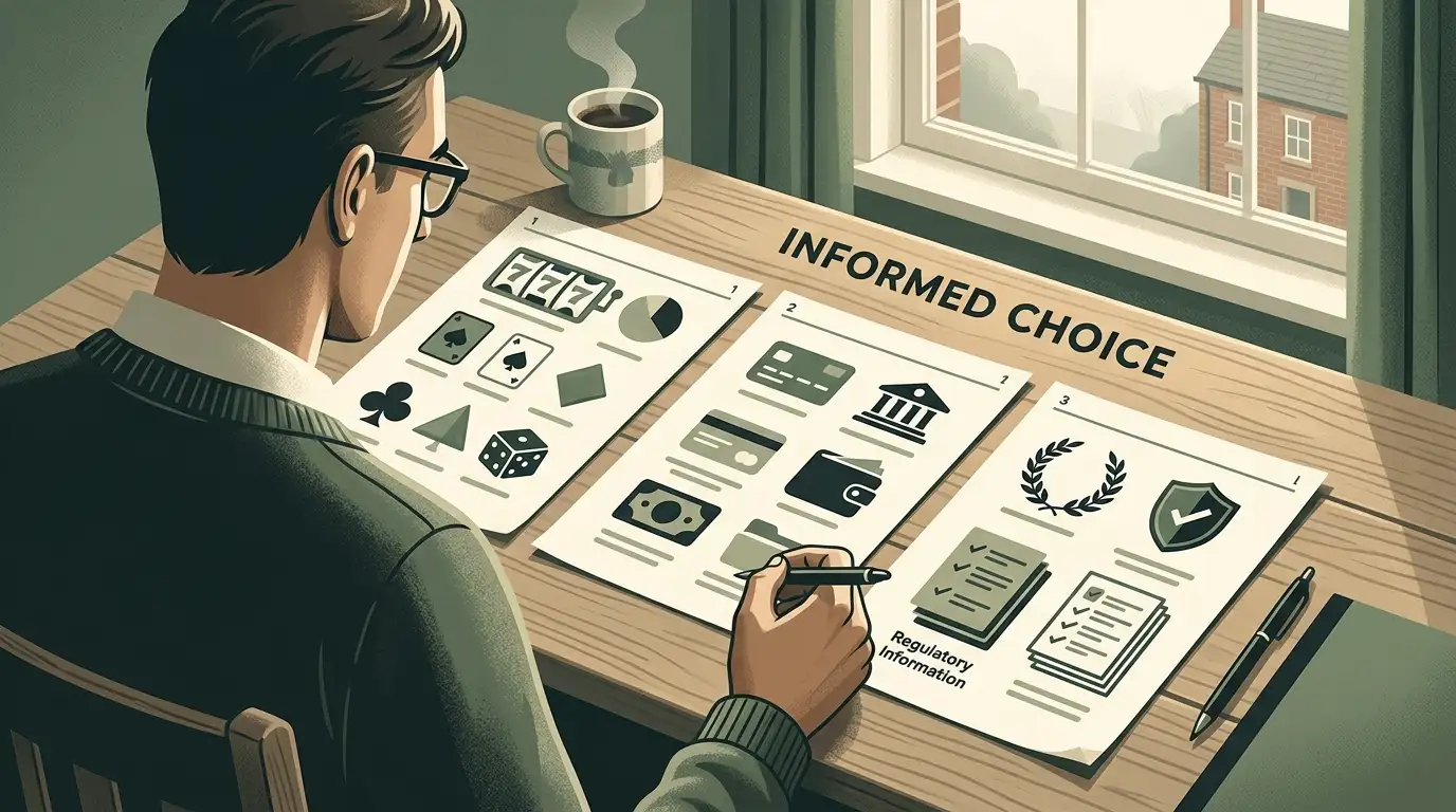 Editorial illustration of a UK player comparing casino features, payments and licensing notes