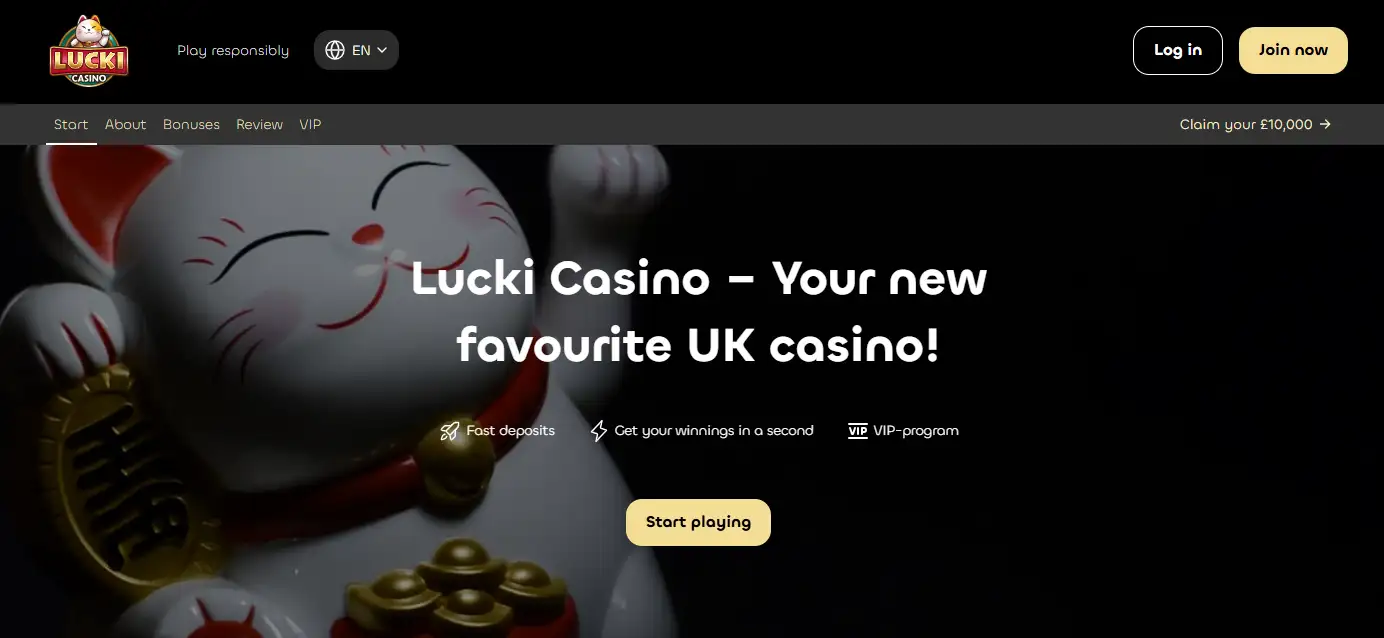 Lucki Casino UK-facing homepage header and navigation