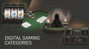 Editorial illustration dividing an online gaming library into slots, table games, live dealer games and sportsbook markets