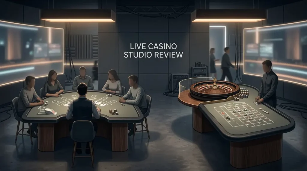 Editorial illustration of generic live blackjack and roulette tables in a modern online casino setting