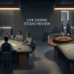 Editorial illustration of generic live blackjack and roulette tables in a modern online casino setting