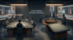 Editorial illustration of generic live blackjack and roulette tables in a modern online casino setting