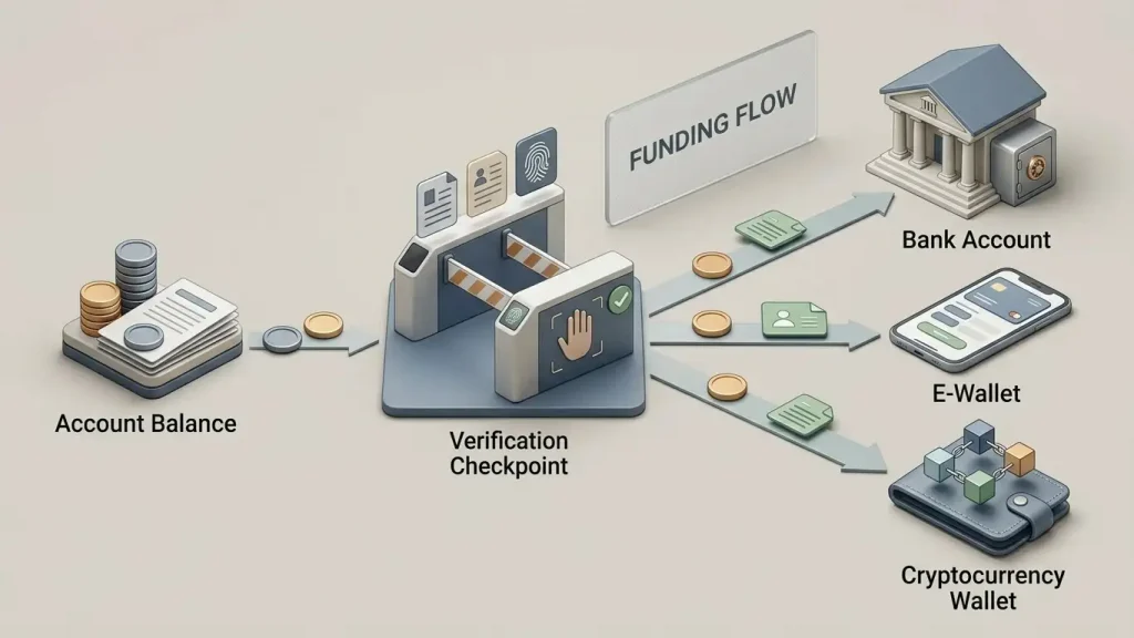 Illustration of a casino withdrawal moving from account balance through verification to bank, e-wallet and crypto routes
