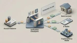 Illustration of a casino withdrawal moving from account balance through verification to bank, e-wallet and crypto routes