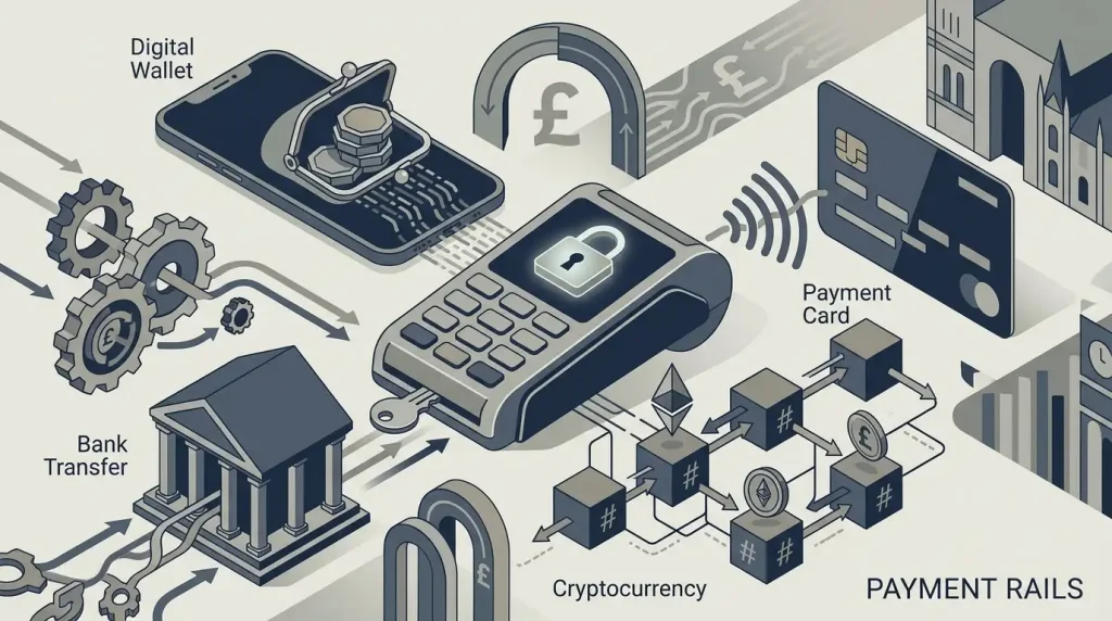 Illustration of GBP casino payments using bank transfer, e-wallets and cryptocurrency
